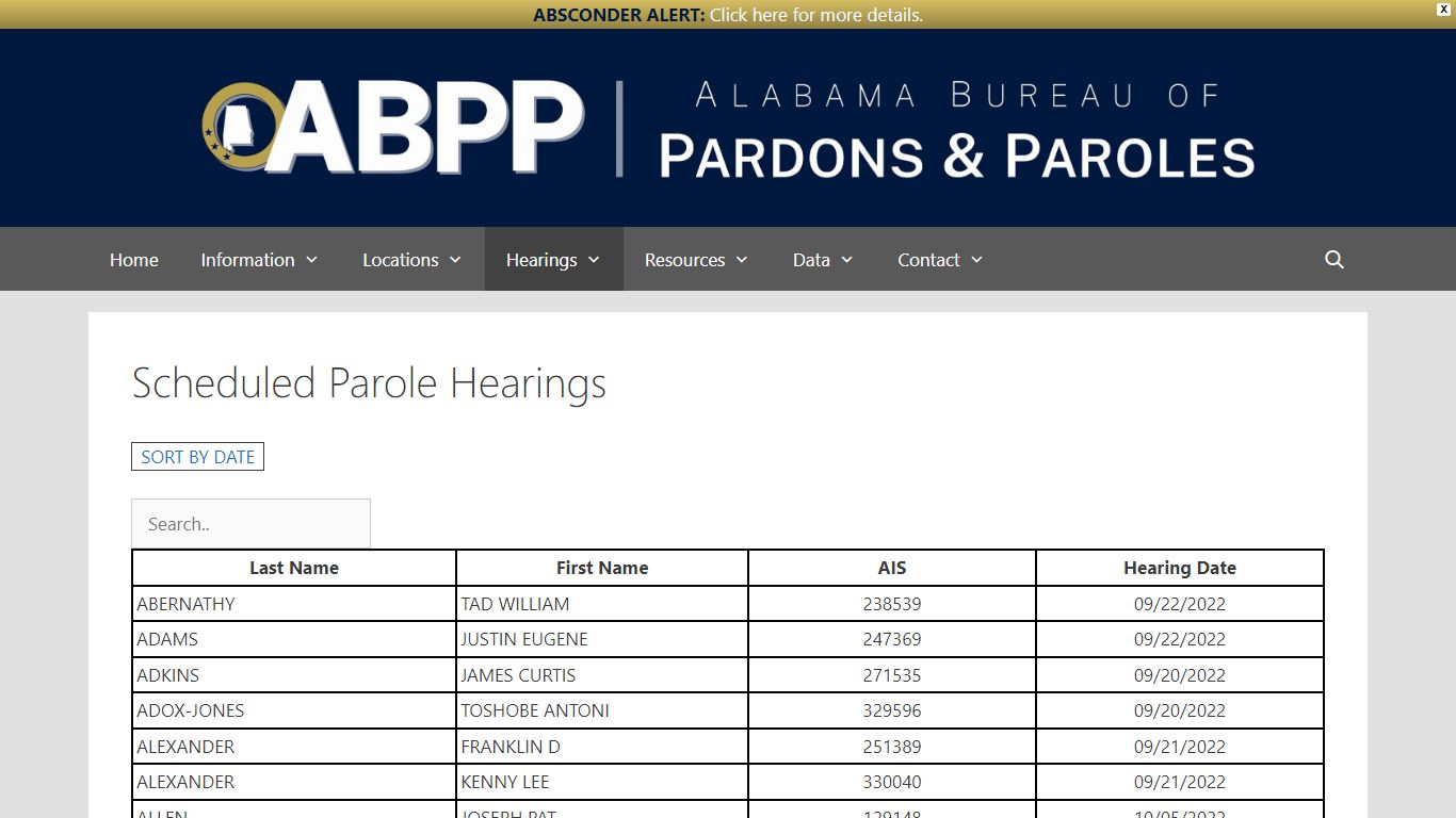 Scheduled Parole Hearings - Alabama Bureau of Pardons and Paroles